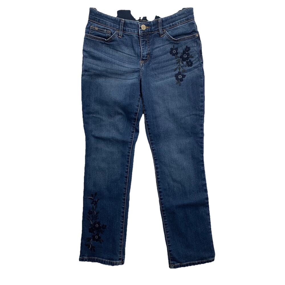 Lee Straight Leg Jeans Womens 8 MediumBlue FlexMotion Floral Embroidered MidRise